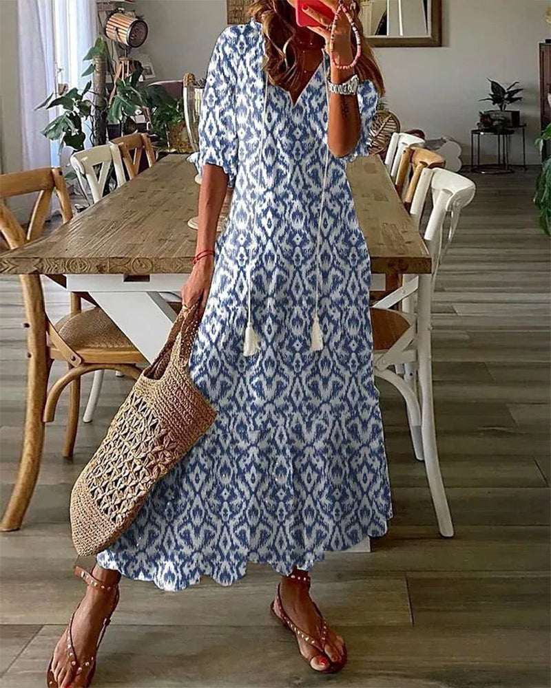 Andrea  Boho Vintage V-Neck Printed Dress