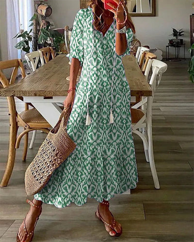 Andrea  Boho Vintage V-Neck Printed Dress