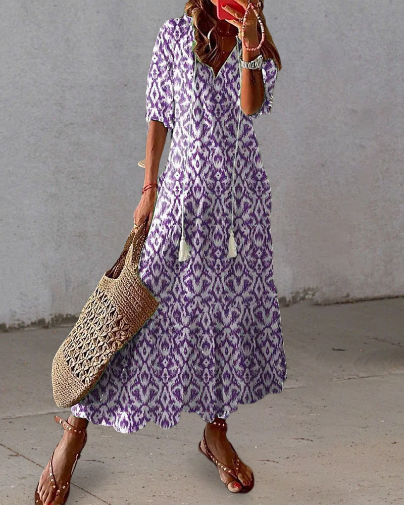 Andrea  Boho Vintage V-Neck Printed Dress