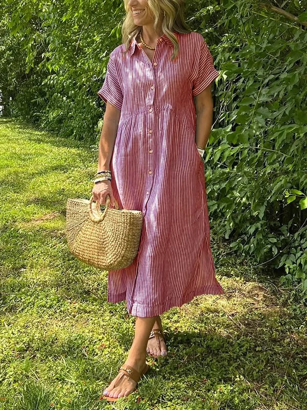 Mital  Striped Shirt Dress with Buttons and Functional Pockets