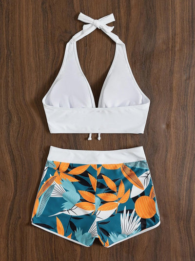 Women's Floral Print Stitching Split High Waist Swimsuit Set