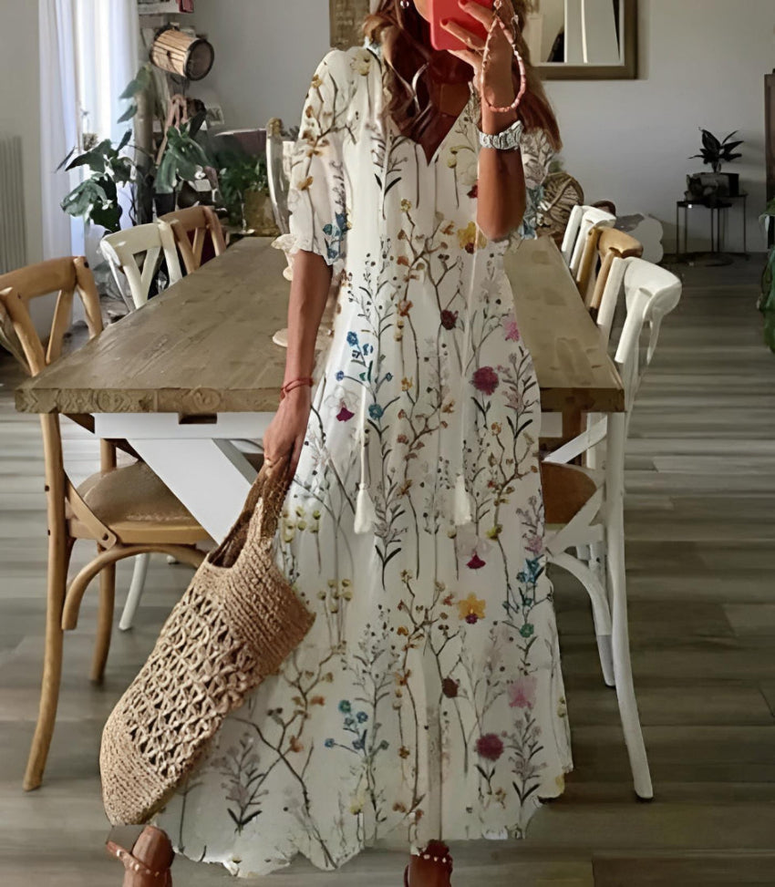 Andrea  Boho Vintage V-Neck Printed Dress