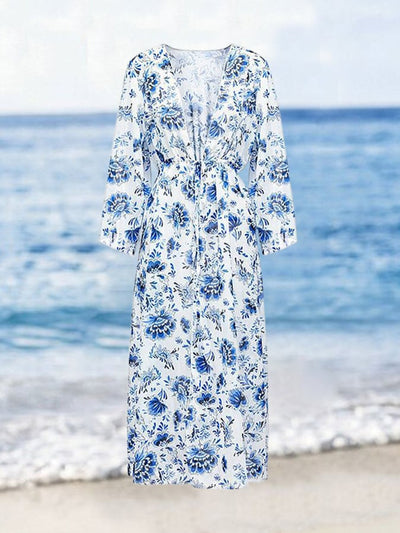 Blue Floral Print Swimsuit and Cover Up