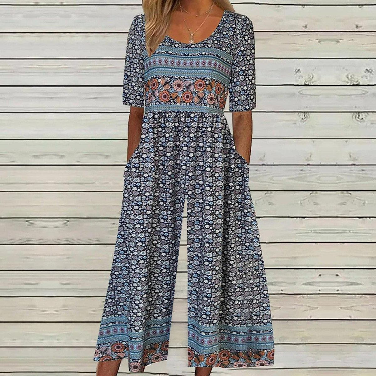Casual Short Sleeve Round Neck Jumpsuit