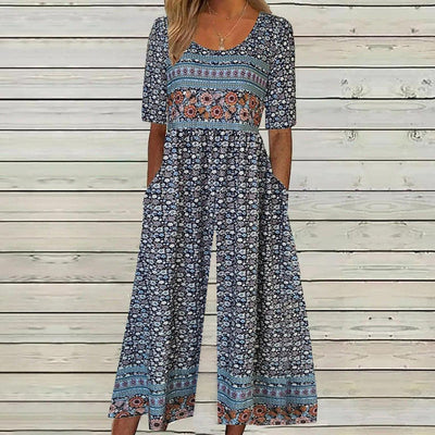 Casual Short Sleeve Round Neck Jumpsuit