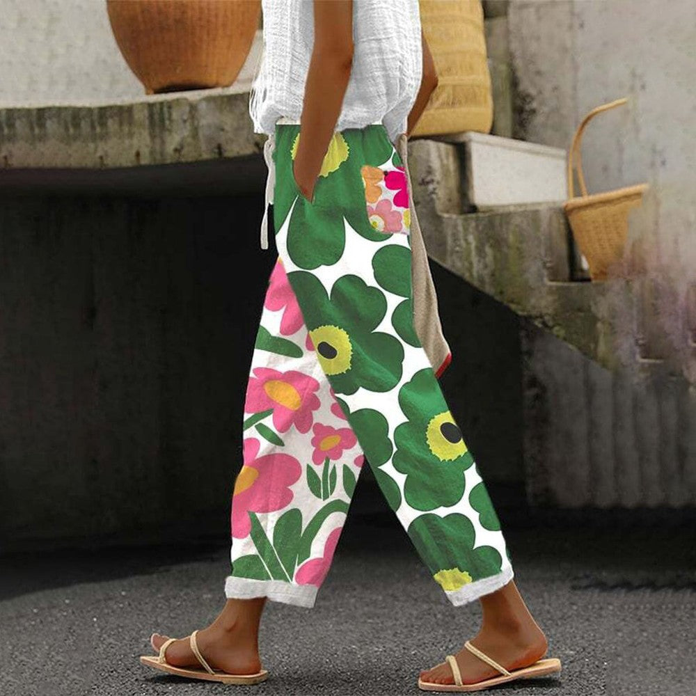 Fresh Floral Print Green Trousers