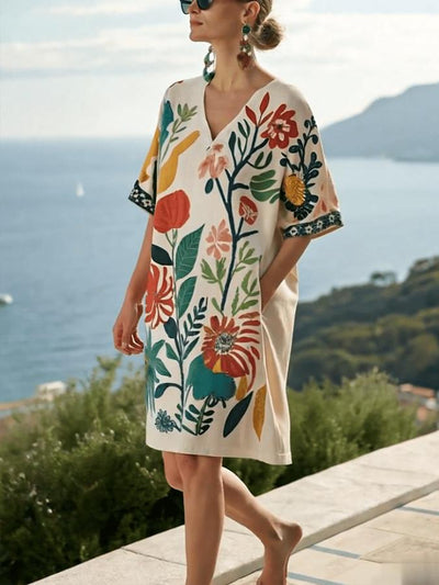 Mini dress with floral print and v-neck