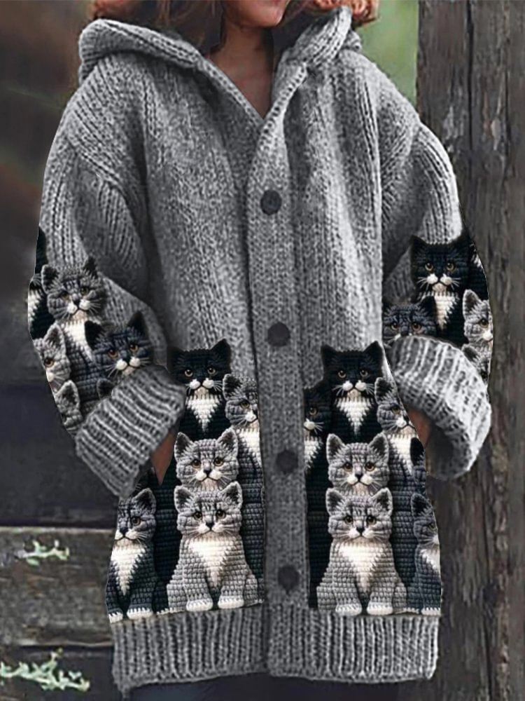 Jasmin | Cosy Knit Cardigan with Cat Print