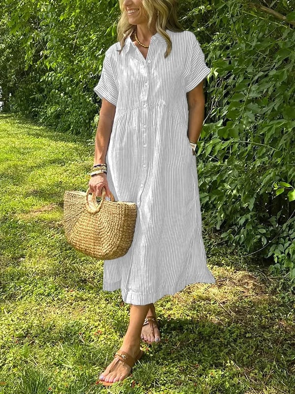 Mital  Striped Shirt Dress with Buttons and Functional Pockets