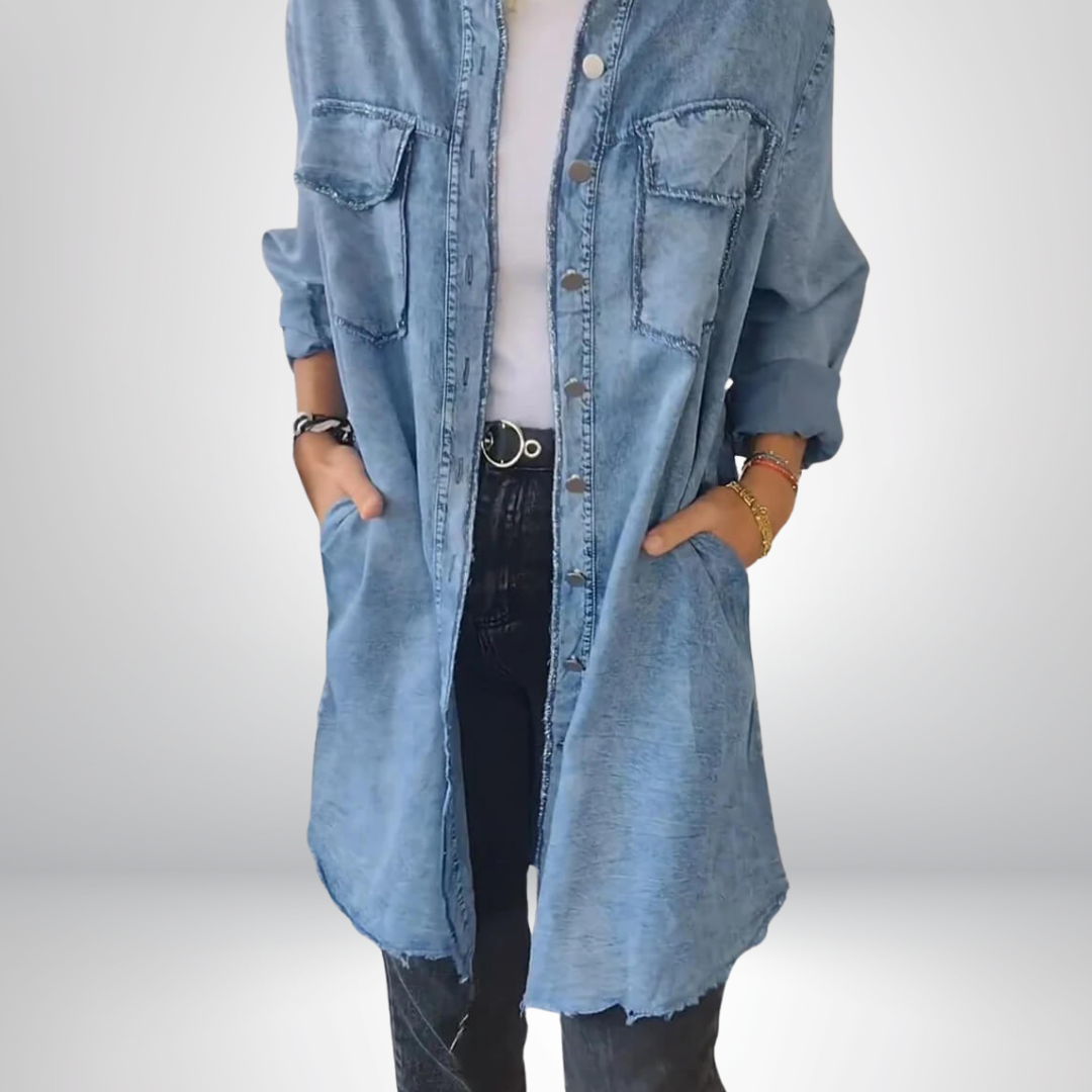Sofia Long denim jacket with sleeves and elegant cardigan