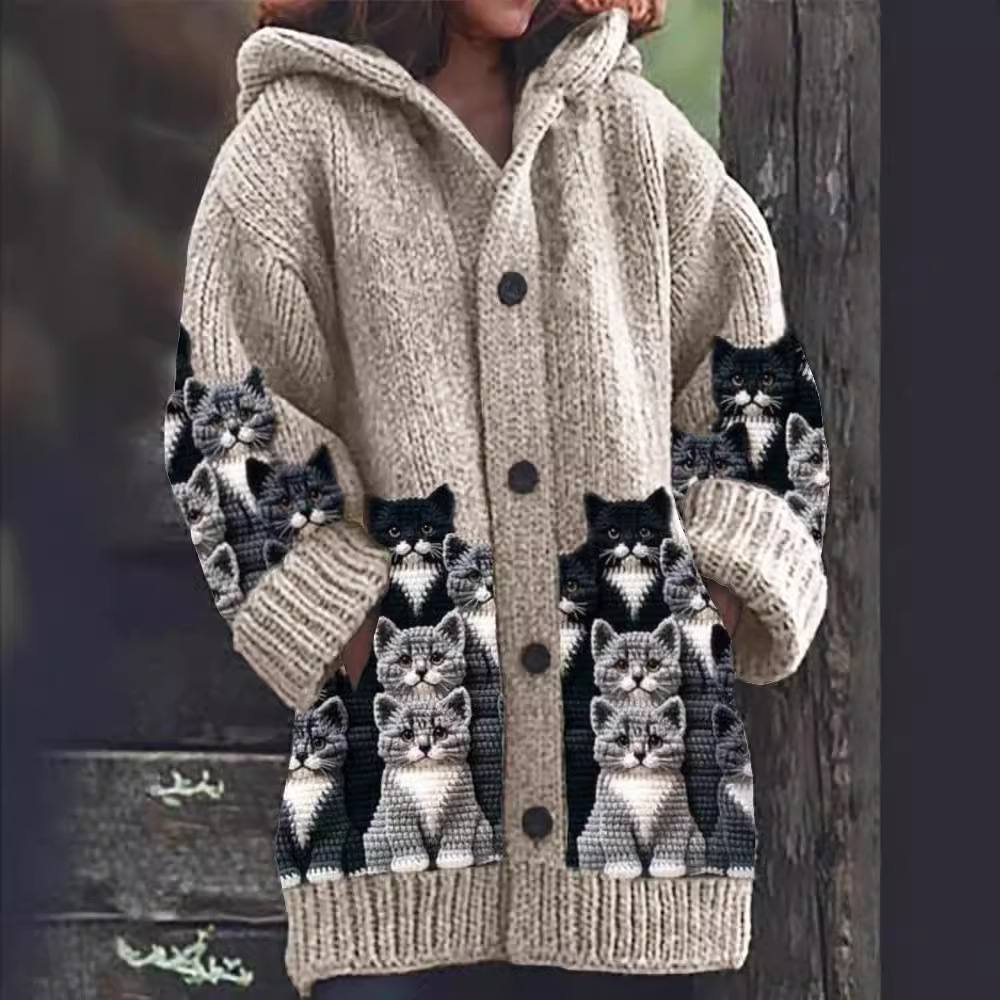 Jasmin | Cosy Knit Cardigan with Cat Print
