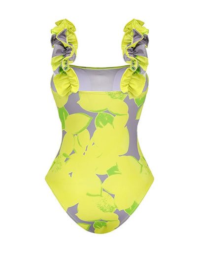 Ruffle Lemon Printed One Piece Swimsuit and Sarong