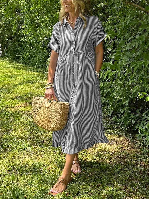 Mital  Striped Shirt Dress with Buttons and Functional Pockets