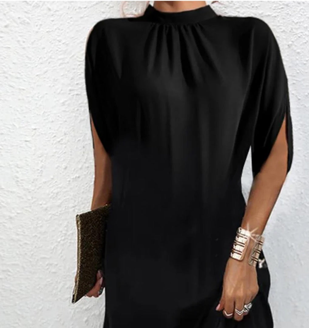 Black midi dress with high collar and slit sleeves