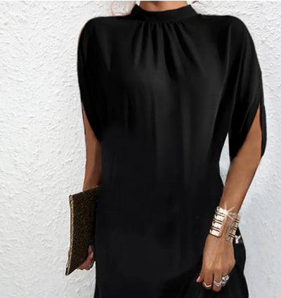 Black midi dress with high collar and slit sleeves