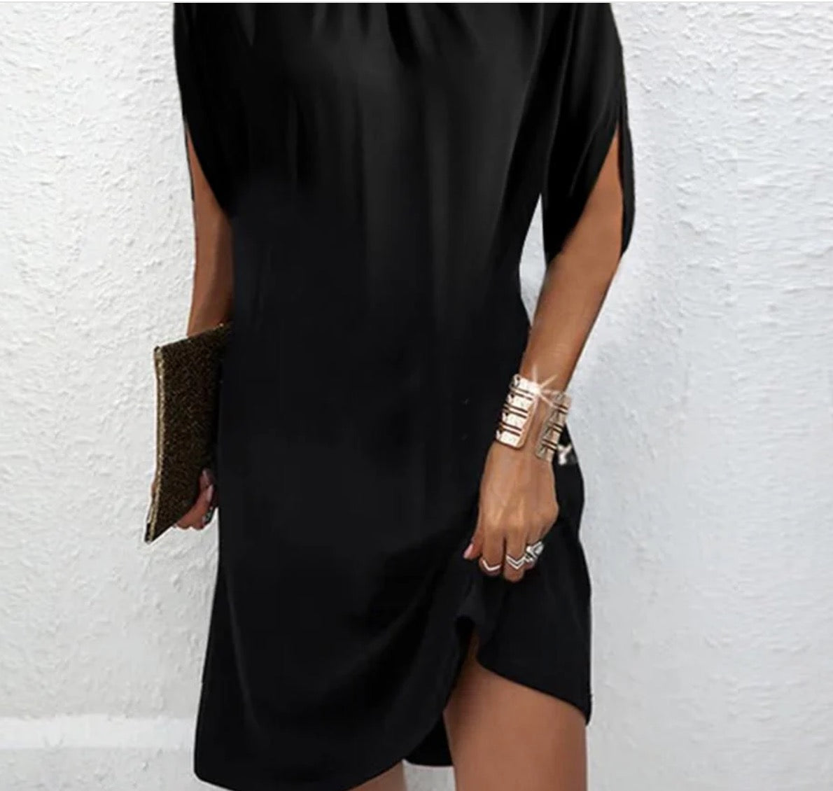 Black midi dress with high collar and slit sleeves