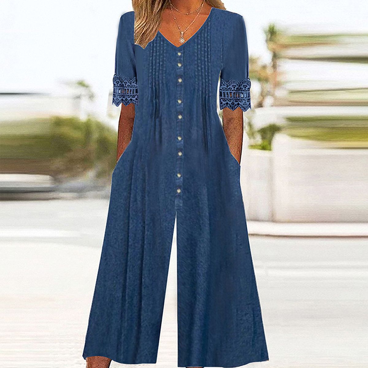 Blue Plain Side Pocket Jumpsuit