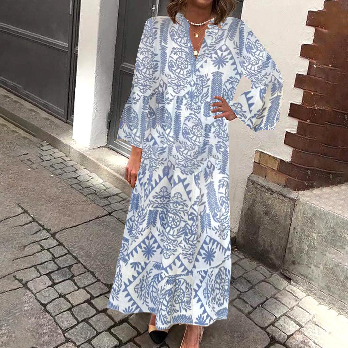 Blue maxi dress with long 3/4 sleeves