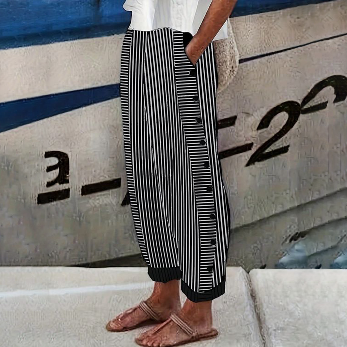 Black Striped Trousers with Pockets
