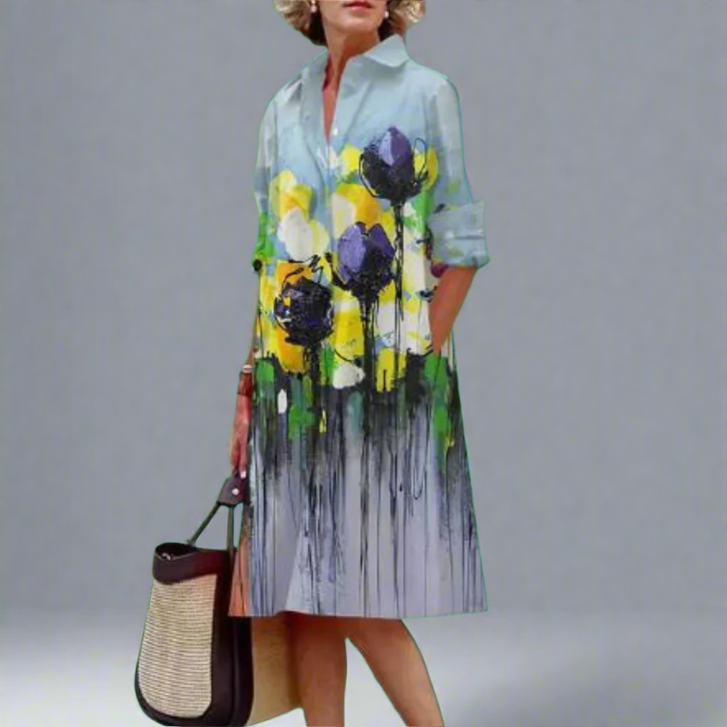 Rumi Women's Crushed Floral Long Sleeve Collar Midi Dress