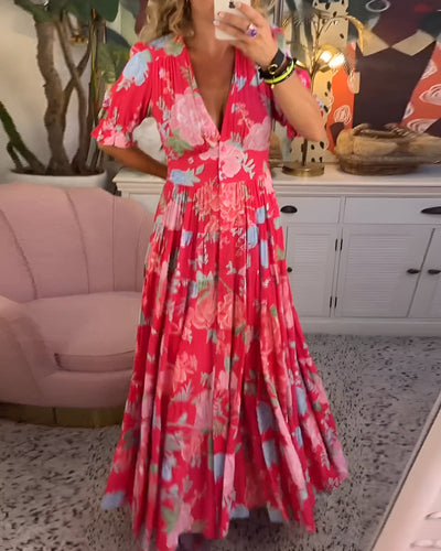 Caterina Long Floral Dress with Hidden Pockets and Feminine Day Cut