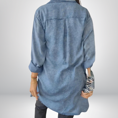 Sofia Long denim jacket with sleeves and elegant cardigan