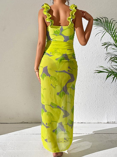 Ruffle Lemon Printed One Piece Swimsuit and Sarong