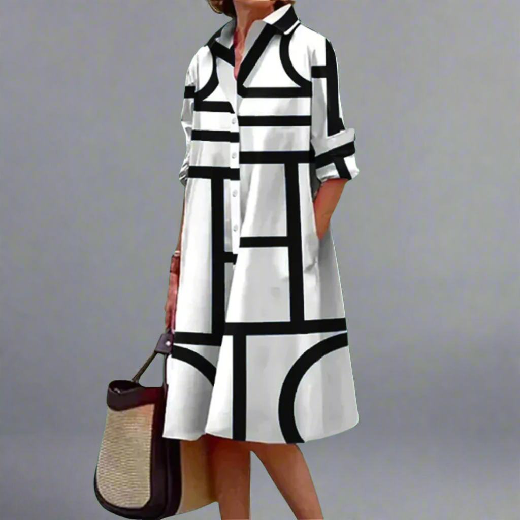 Elowen  Elegant Geometric Striped Midi Dress