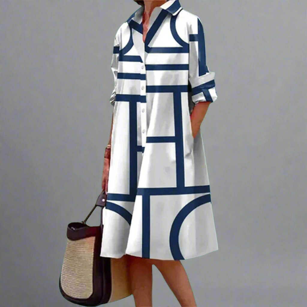 Cosima  Stylish Blue Geometric Striped Midi Dress