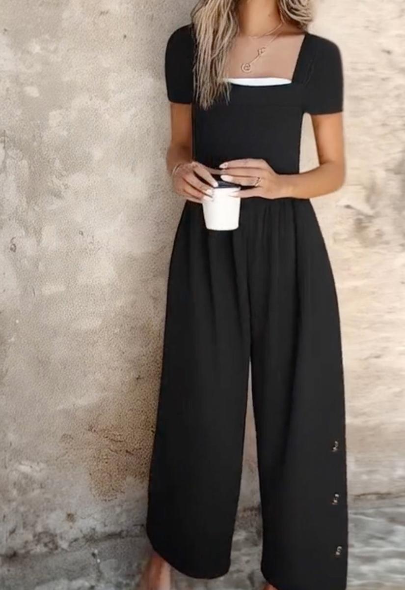 Black Square Neck Short Sleeve Jumpsuit