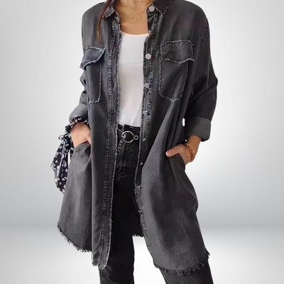 Sofia Long denim jacket with sleeves and elegant cardigan