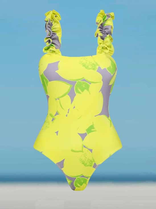 Ruffle Lemon Printed One Piece Swimsuit and Sarong