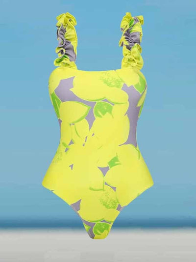 Ruffle Lemon Printed One Piece Swimsuit and Sarong