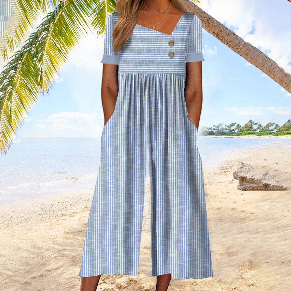 Youthful Blue Striped Short Sleeve Jumpsuit