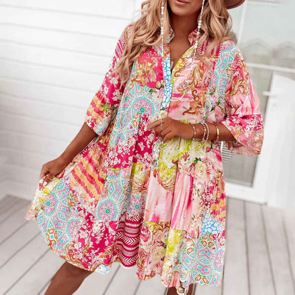 Sweet pink mini dress with 3/4 sleeves