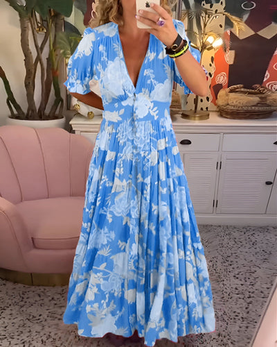 Caterina Long Floral Dress with Hidden Pockets and Feminine Day Cut