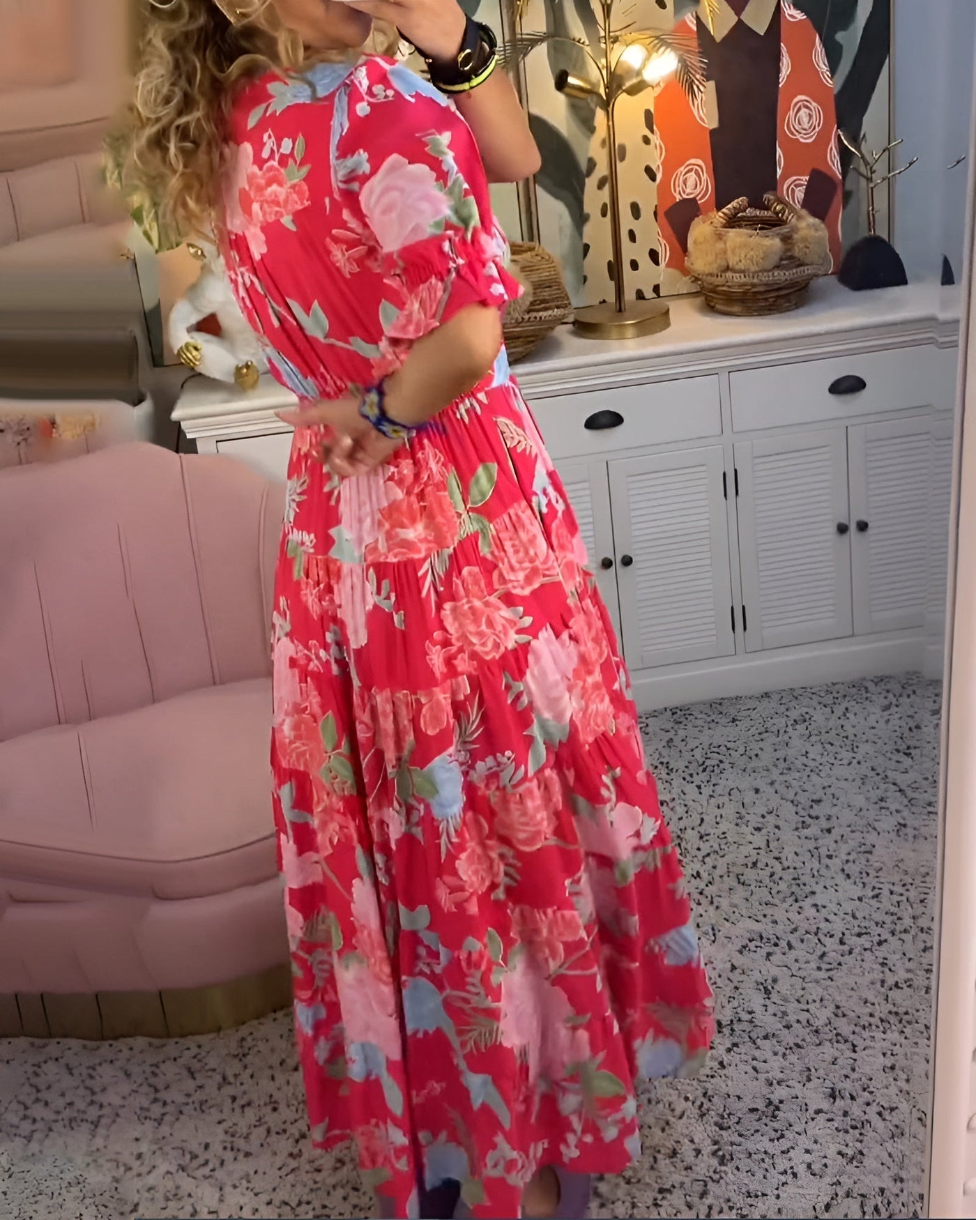 Caterina Long Floral Dress with Hidden Pockets and Feminine Day Cut
