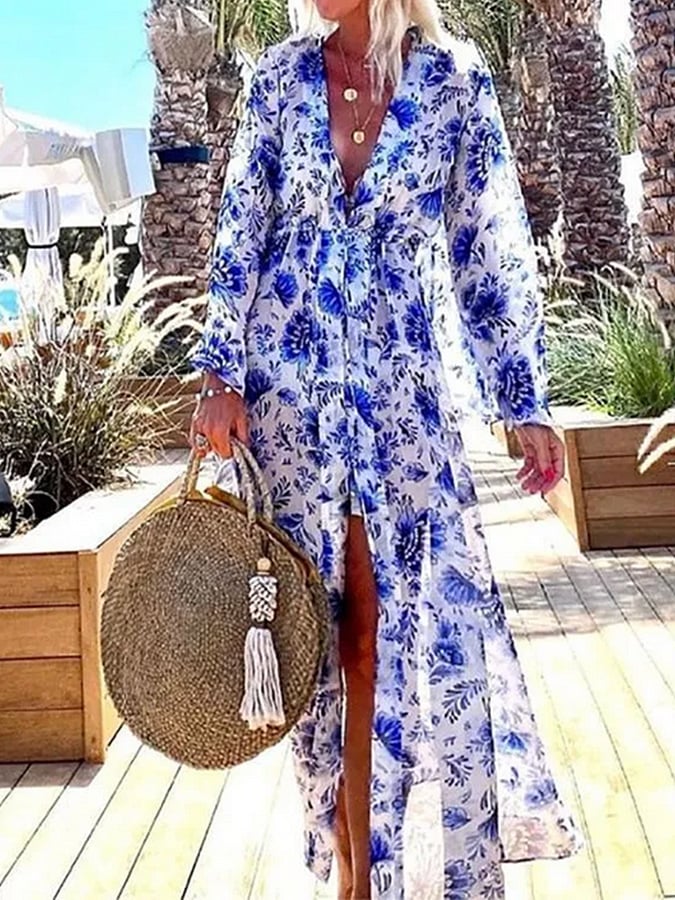 Blue Floral Print Swimsuit and Cover Up