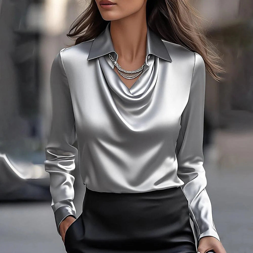 Merav  Elegant satin blouse with ruched neckline