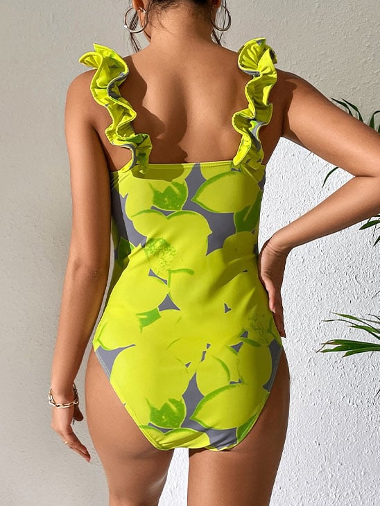 Ruffle Lemon Printed One Piece Swimsuit and Sarong