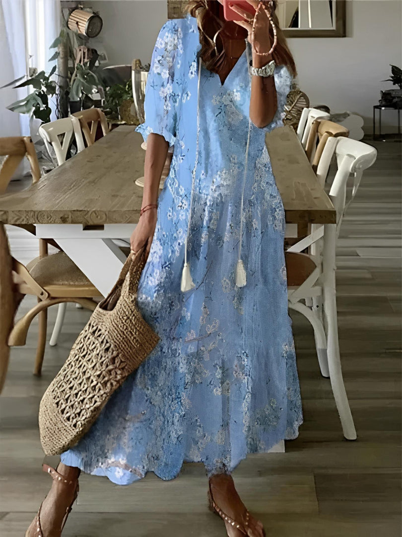 Andrea  Boho Vintage V-Neck Printed Dress