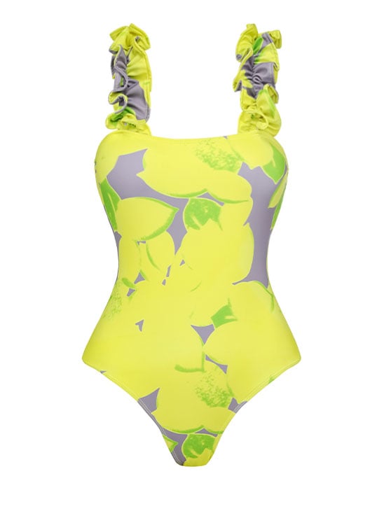 Ruffle Lemon Printed One Piece Swimsuit and Sarong