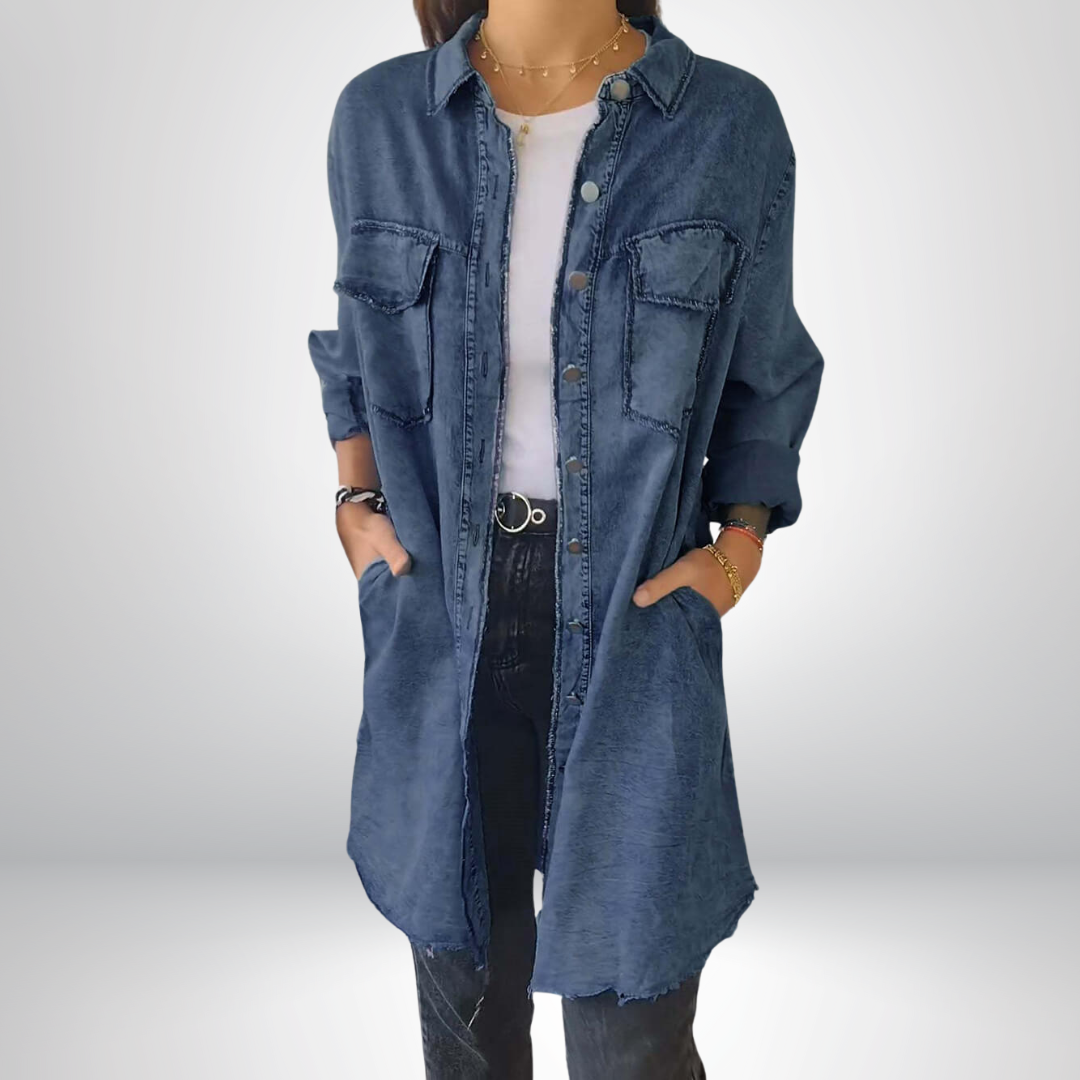 Sofia Long denim jacket with sleeves and elegant cardigan