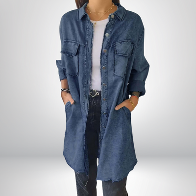 Sofia Long denim jacket with sleeves and elegant cardigan