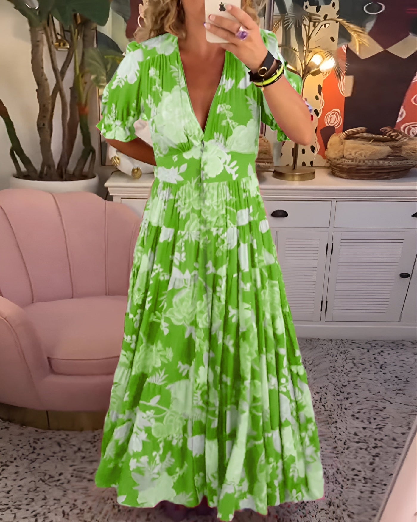 Caterina Long Floral Dress with Hidden Pockets and Feminine Day Cut