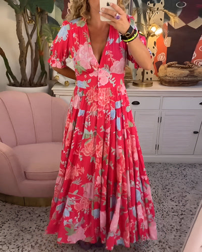 Caterina Long Floral Dress with Hidden Pockets and Feminine Day Cut