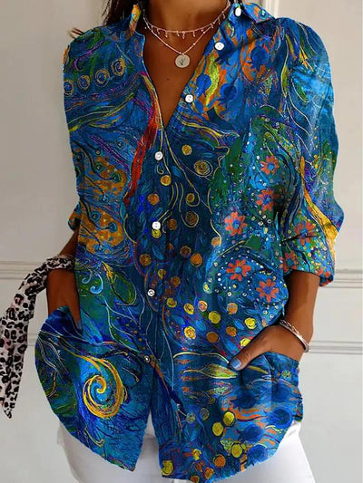 Long-Sleeved Shirt with Blue Collar