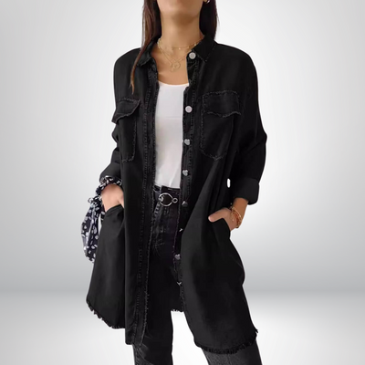 Sofia Long denim jacket with sleeves and elegant cardigan