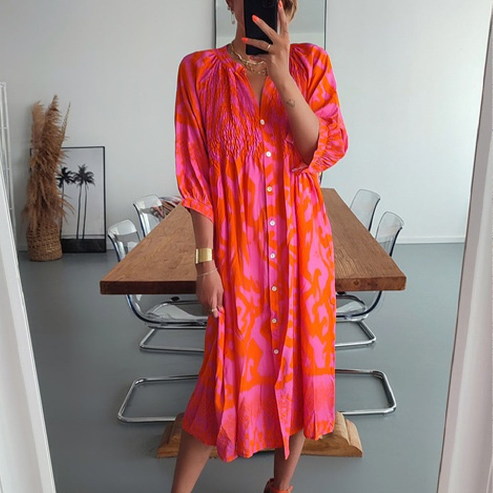 Midi dresses with front buttons in warm pink and orange