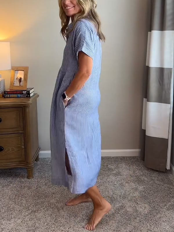 Mital  Striped Shirt Dress with Buttons and Functional Pockets